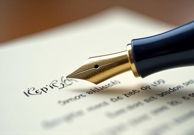 Close up of a fountain pen and legal document on a desk