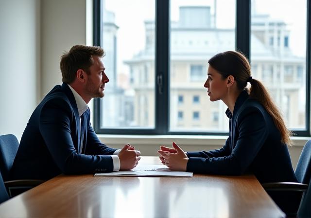 Two professionals in a modern London office engaged in a calm negotiation